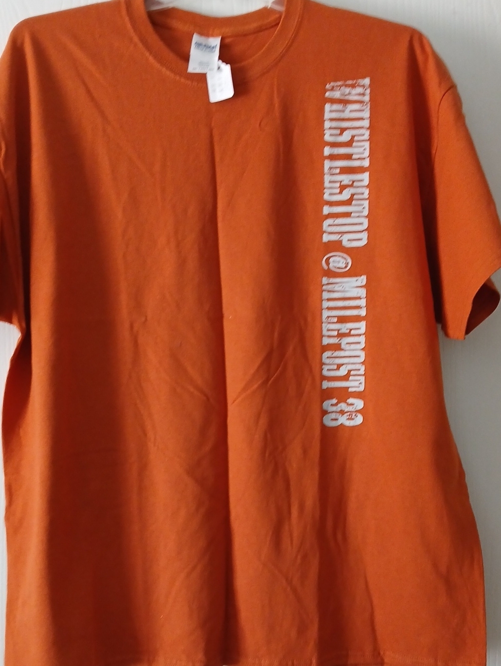 Gildan Orange Short Sleeve Crewneck with Vertical White Graphic